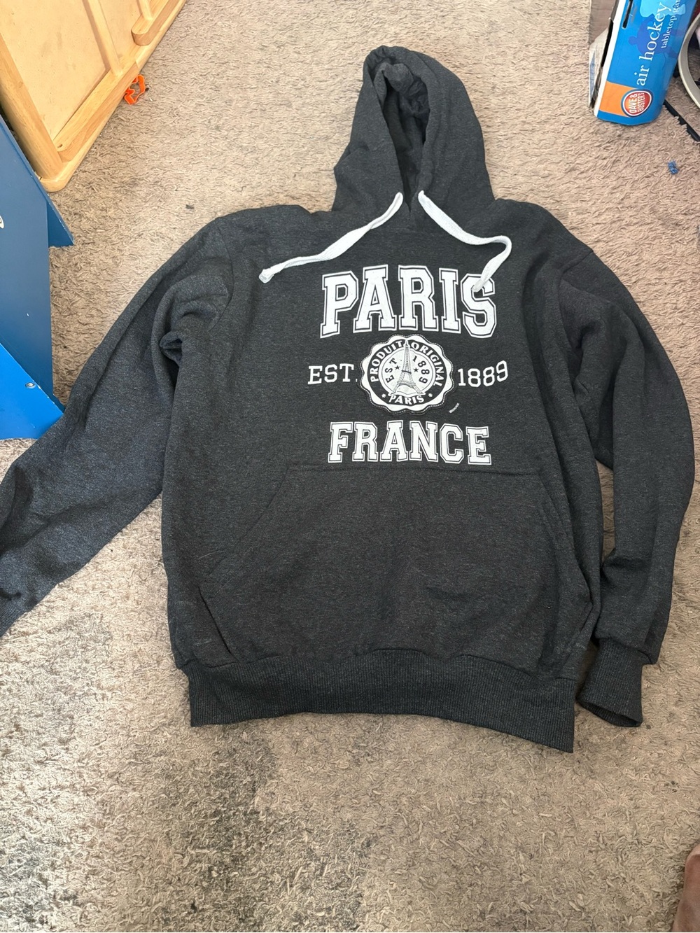 Aris Charcoal Paris France Pullover Hoodie with White Drawstrings